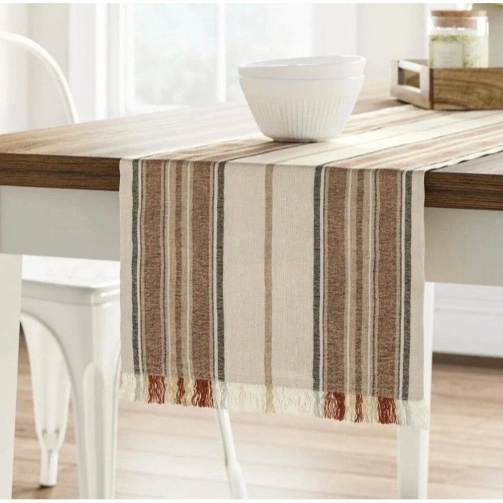 Threshold Cotton Striped Table Runner Brown Tones Fringe Warm Neutral 14 x 108
